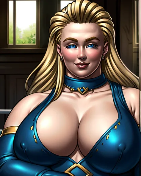 (intricately detailed, highest quality, High resolution, highly detailed skin:1.4), Upper body, (motherly smile:1.1), looking at the viewer, outdoor scene, grassland, m4rytbl, (chubby woman:1.5), big breasts, blue eyes, lips, (Long blond hair slicked back:...