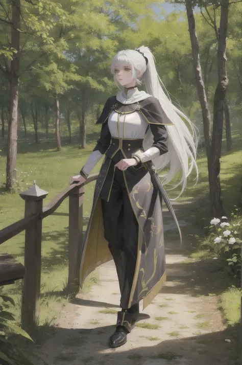 masterpiece,1girl:17 yo), best quality, fantasi knight outfit, white long hair, ponytail , yellow eyes, outdoor (forest),Hill background, book cover ,full body, walk