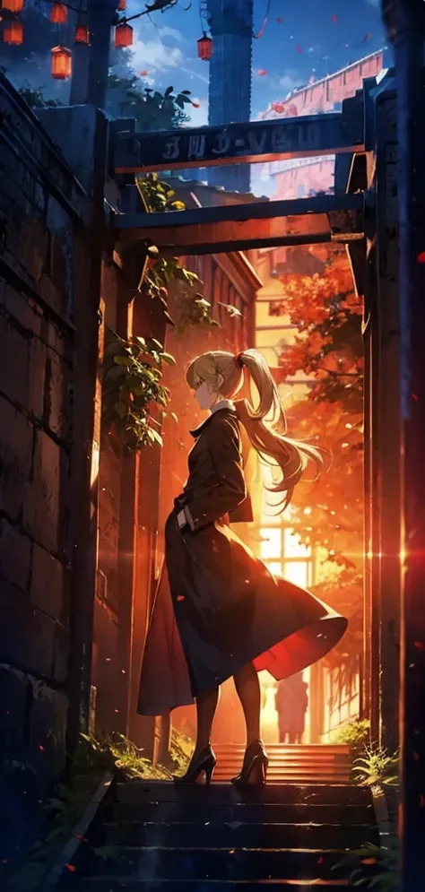 blonde ponytail woman，long coat，rear view，silhouette，sexy body，red forest，red moon，red night，gate，gateの先に別世界，