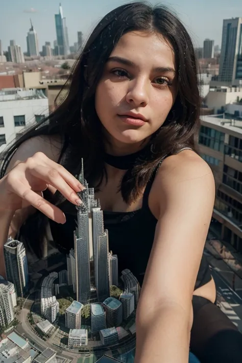 Giant teen lesbian couple, acima da cidade , city destruction, miniature city skyscrapers background, giant lesbian Bigger than buildings,meninas gigantes ,panorama da cidade