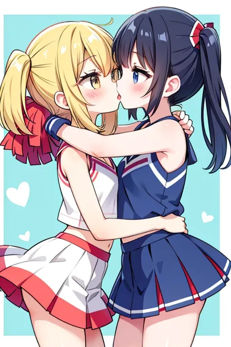 two girl、cheerleader、mini skirt、kiss、hug each other