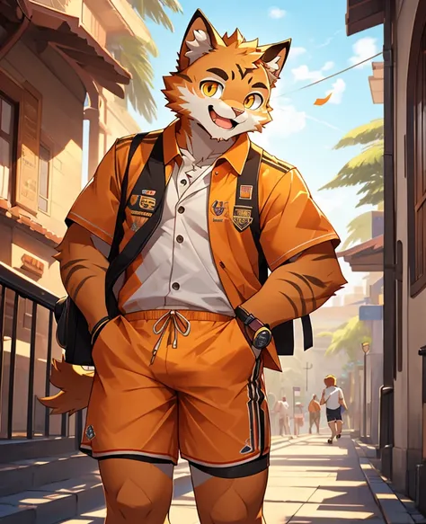 (masterpiece)，(Very detailed)，(best quality)，hairy，Cat，orange fur，Vivid eyes，golden pupils，cute style，Sunny and cheerful，(Short-sleeved shorts casual suit)，((funny expression))，8K，(high quality)，(ultra high definition)，(super detailed)(university student)