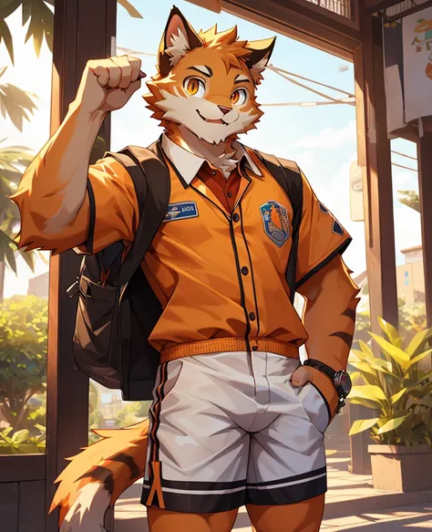 (masterpiece)，(Very detailed)，(best quality)，hairy，Cat，orange fur，Vivid eyes，golden pupils，cute style，Sunny and cheerful，(Short-sleeved shorts casual suit)，((funny expression))，8K，(high quality)，(ultra high definition)，(super detailed)(university student)