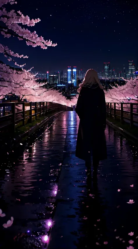 １people,blonde long hair，long coat，silhouette， Rear view，space sky, milky way, anime style, cherry blossoms，夜cherry blossoms，辺り一面に舞うcherry blossoms吹雪，Night view of the city from the mountainside，