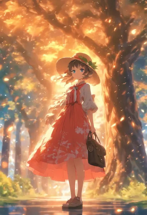 Anime girl standing in front of a tree with a hat and bag, splash art anime ,  in a dress, Cute anime wife in a nice dress, High quality anime art style, 