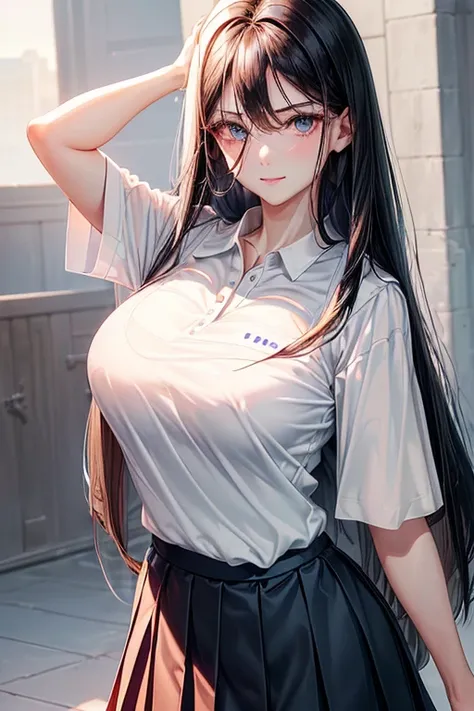 girl,light smile,{(black hair:1.2),(medium hair:1.5),(straight hair:1.5),(hair between eyes:1.5)},(huge breasts:1.1),break,{(navy blue skirt:1.2),(pleated skirt:1.2),mini skirt},{(white polo shirt:1.5),(white collar:1.5),(short sleeves:1.2)},break,(fine ey...