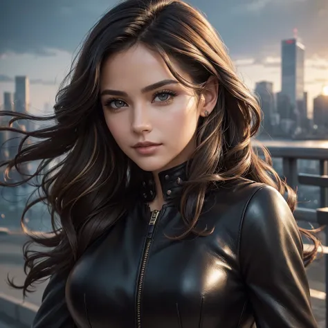 (best quality,ultra-detailed,realistic:1.37),portrait,leather,beautiful detailed face,perfect facial features,detailed eyes,luscious lips,black leather outfit,wavy hair,captivating gaze,confident stance,city backdrop,soft natural lighting,vibrant colors,ex...