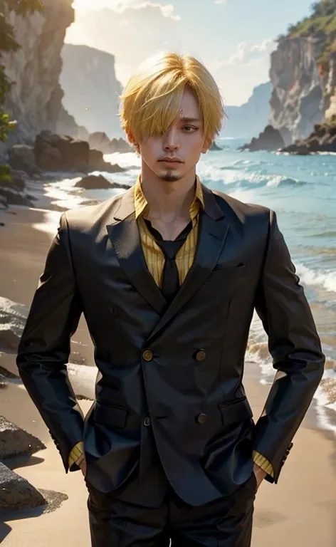 1 man, sanji from the anime one piece, short hair , yellow hair, black eye, good looking, black clothes, realistic clothes, deta...