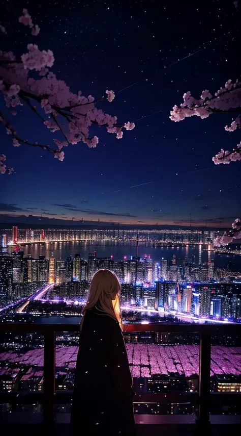 １people々,blonde long hair，long coat，silhouette， Rear view，space sky, milky way, anime style, cherry blossoms，夜cherry blossoms，辺り一面に舞うcherry blossoms吹雪，Night view of the city from the mountainside，