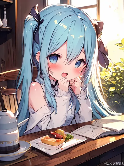 masterpiece, best quality, extremely detailed, (illustration, official art: 1.1), 1 girl, ((light blue long hair))), light blue hair, 10 years old, long hair ((blush)), cute face, big eyes, masterpiece, best quality, ((a very delicate and beautiful girl)))...