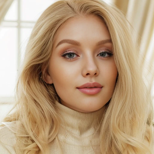 Beautiful woman with long blond hair and a turtleneck sweater, yelena belova, ava max, blonde hair and large eyes, pale skin curly blond hair, a girl with blonde hair, dasha taran, ellie bamber, ellie bamber fairy, long blonde hair and large eyes, aleksand...