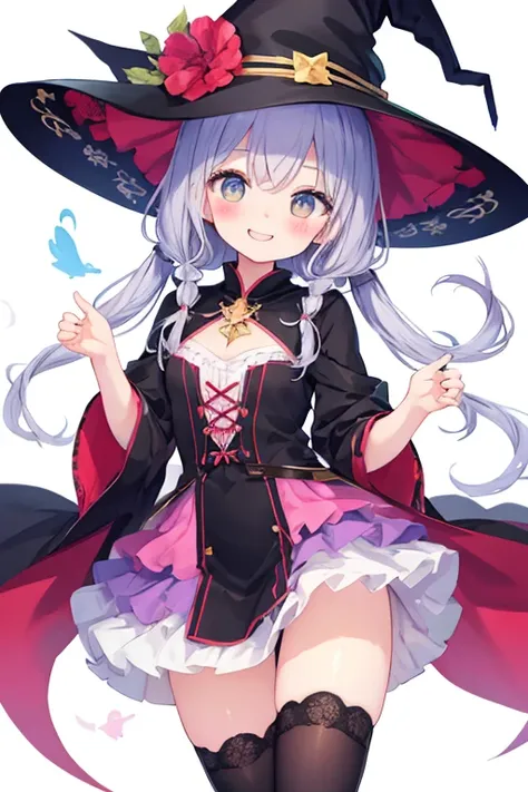 beautiful illustrations, highest quality, pretty girl,beautiful girl、clear face、 half girl、pastel colour 、smile、blush、にこやかなsmile、thighs、perfect hands、five fingers、witch、witchっ子