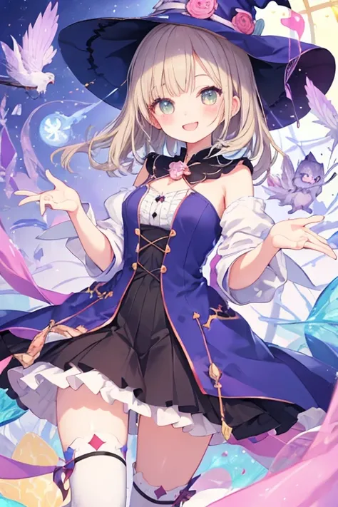 beautiful illustrations, highest quality, pretty girl,beautiful girl、clear face、 half girl、pastel colour 、smile、blush、にこやかなsmile、thighs、perfect hands、five fingers、witch、magic、fantasy