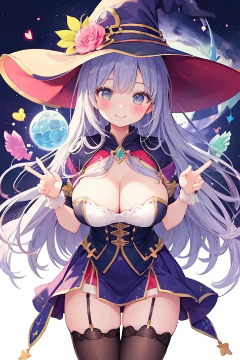 beautiful illustrations, highest quality, pretty girl,beautiful girl、clear face、 half girl、pastel colour 、smile、blush、にこやかなsmile、thighs、perfect hands、five fingers、witch、magic、fantasy、big breasts