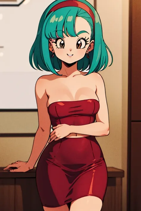 masterpiece, best quality, highres, 1 girl, solo, 1980s (style), dragon ball, bulma, aqua hair, medium hair, blunt bangs, red hairband, medium breasts, bare shoulders, red strapless shirt, black pencil skirt, cowboy shot, kawanobe, smile, looking at viewer...