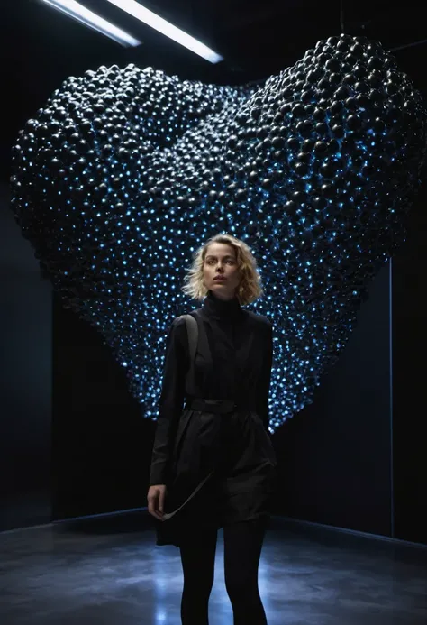 minimalist, closeup, interior, bio organic installation, , Neri Oxman, strange anomalies, abstract, spatial glowing, biomimicry, GEOMETRIC  architecture, , inflated biomimicry,, glowing, black museum interior, charcoal clothing blurry person walking, organ...