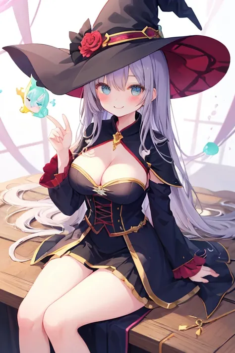 beautiful illustrations, highest quality, pretty girl,beautiful girl、clear face、 half girl、pastel colour 、smile、blush、にこやかなsmile、thighs、perfect hands、five fingers、witch、magic、fantasy、big breasts、sitting、cleavage、fantasy