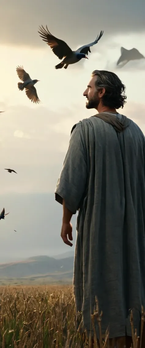 noah, vista lateral, corpo inteiro, man aged appearance, biblical image, with bird flying, 8k, cinematic.