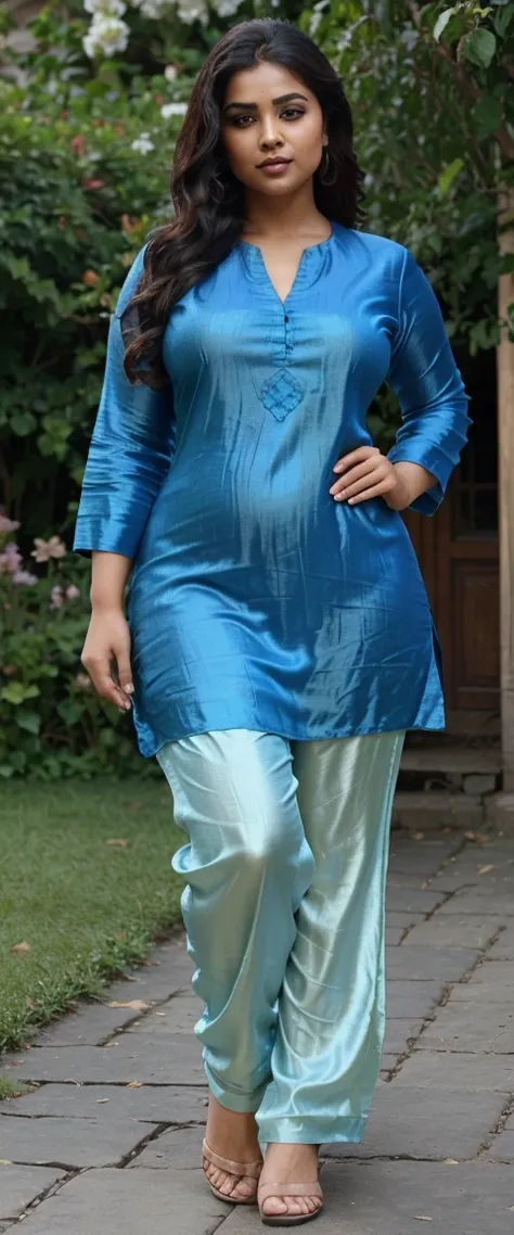 Beautiful Indian women, curvy, chubby women, ((waring blue color silk kurta))), ((silk kurta and pant)), beautiful face, makeup, mesmerizing eyes, luscious lips, wavy hair, outside the house, in the garden, happy, front pose, beautiful sexy body, ((good pr...