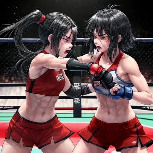 A deadly battle between two beautiful high school girls mixed martial artists。Throwing a powerful punch at the opponent。They&#39;re trading punches inside the Octagon.。exchange of punches。Rivals。black hair。desperate look。sweaty。Full of scars。Shortness of b...