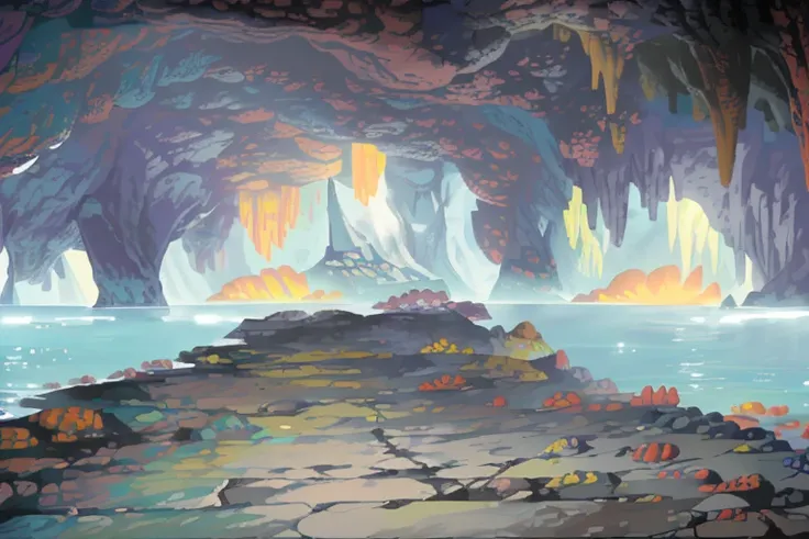 (masterpiece, best quality), fantasy, (inside cavern, underground marine cavern:1.3), strong contrasts, vibrant colors,(coral, coast cavern:1.5), sea visible from inside the cavern, close-up, (central perspective:1.6), rpg, background, half of the image is...