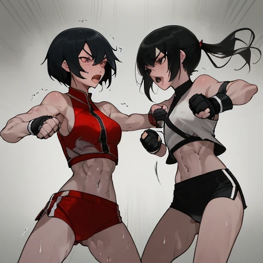 A deadly battle between two beautiful high school girls mixed martial artists。Throwing a powerful punch at the opponent。They&#39;re trading punches inside the Octagon.。exchange of punches。Rivals。black hair。desperate look。sweaty。Full of scars。Shortness of b...