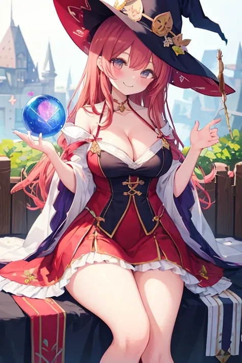 beautiful illustrations, highest quality, pretty girl,beautiful girl、clear face、 half girl、pastel colour 、smile、blush、にこやかなsmile、thighs、perfect hands、five fingers、witch、magic、fantasy、big breasts、sitting、cleavage、fantasy、red hair