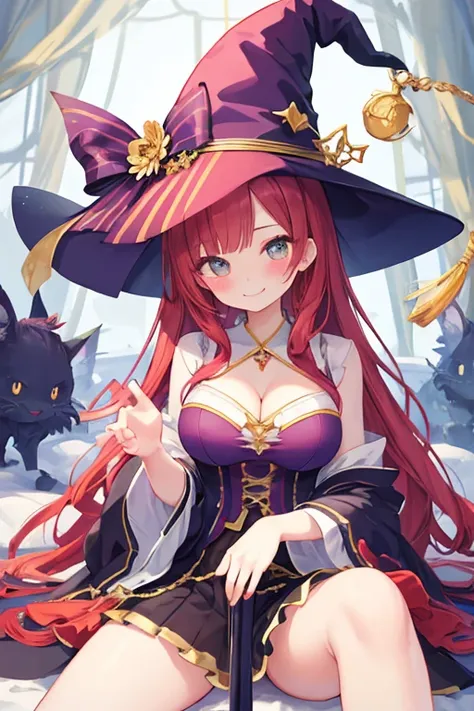 beautiful illustrations, highest quality, pretty girl,beautiful girl、clear face、 half girl、pastel colour 、smile、blush、にこやかなsmile、thighs、perfect hands、five fingers、witch、magic、fantasy、big breasts、sitting、cleavage、fantasy、red hair