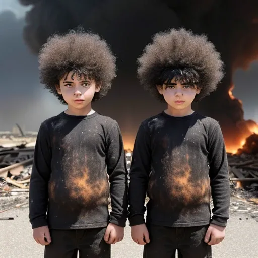 Two boys caught in explosion, their hair standing on end and covered in soot