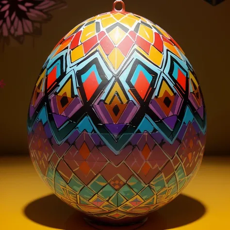 1. An egg decorated with vibrant colors and geometric patterns 