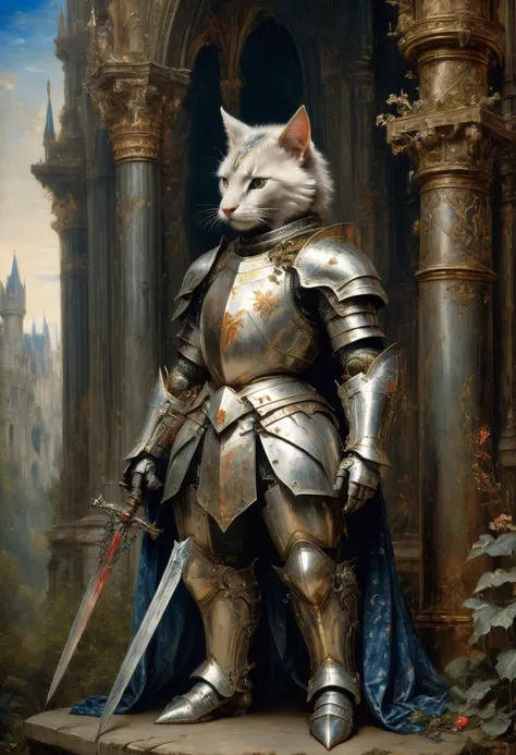 Cat Knight, by Gustave Moreau, best quality, masterpiece, very aesthetic, perfect composition, intricate details, ultra-detailed