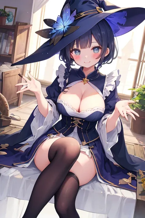 beautiful illustrations, highest quality, pretty girl,beautiful girl、clear face、 half girl、pastel colour 、smile、blush、にこやかなsmile、thighs、perfect hands、five fingers、witch、magic、fantasy、big breasts、sitting、cleavage、fantasy、dark blue hair