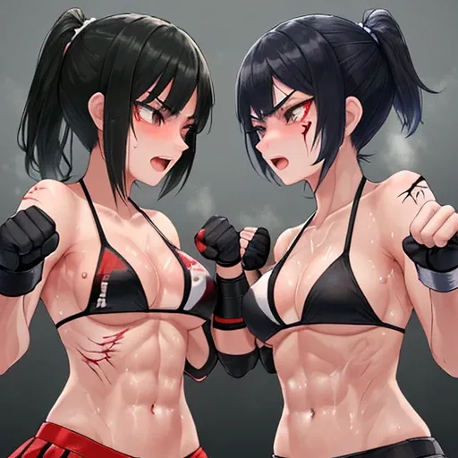 A deadly battle between two beautiful high school girls mixed martial artists。Throwing a powerful punch at the opponent。They&#39;re trading punches inside the Octagon.。exchange of punches。Rivals。black hair。desperate look。sweaty。Full of scars。Shortness of b...