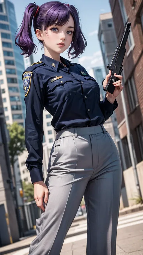 ((masterpiece)), ((highest quality)), ((High resolution)), 1 girl, alone, police officer, (matching pants, slacks), urban background, (Aim with a pistol, detailed pistol, glock 22, trigger discipline), Are standing, medium hair, (purple hair, twin tails), ...