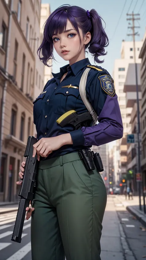 ((masterpiece)), ((highest quality)), ((High resolution)), 1 girl, alone, police officer, (matching pants, slacks), urban background, (Aim with a pistol, detailed pistol, glock 22, trigger discipline), Are standing, medium hair, (purple hair, twin tails), ...