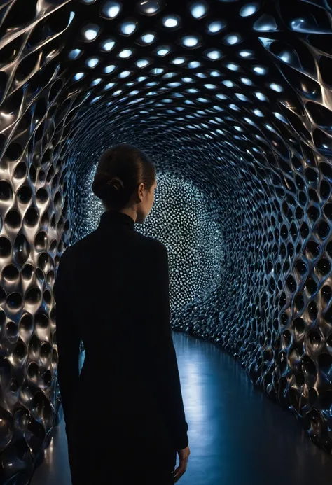 minimalist, closeup, interior, tubular installation, , Neri Oxman, strange anomalies, abstract, spatial glowing, biomimicry, tubular architecture, , inflated biomimicry,, glowing, black museum interior, charcoal clothing blurry person walking, organic slim...