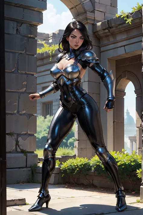 DC Comics, Eloise Mumford, by Frank cho and (HR Geiger:1), (sexy), action shot of the scandalous and flirty Amazon, perfect fit body, full body, muse, stunning, unreal engine, octane render, epic, (nearly naked:0.8), (leather armor:1.2), ancient ruins, det...