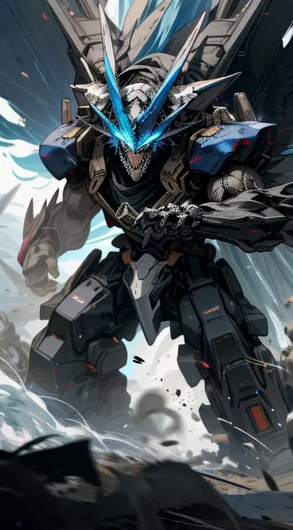 White and black mechs, Dragon helmet, Claw weapons, Giant claws, Attack, Blue, Navy, extremly high detail, black, beast, Animal, mito, Dark, cavalier, Crush, 4 legs, in the galaxy 