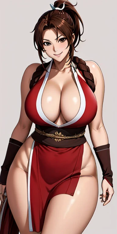 1girl, solo, large breasts, red cloth, brown long ponytail, sexy, smiling, thighs, standing