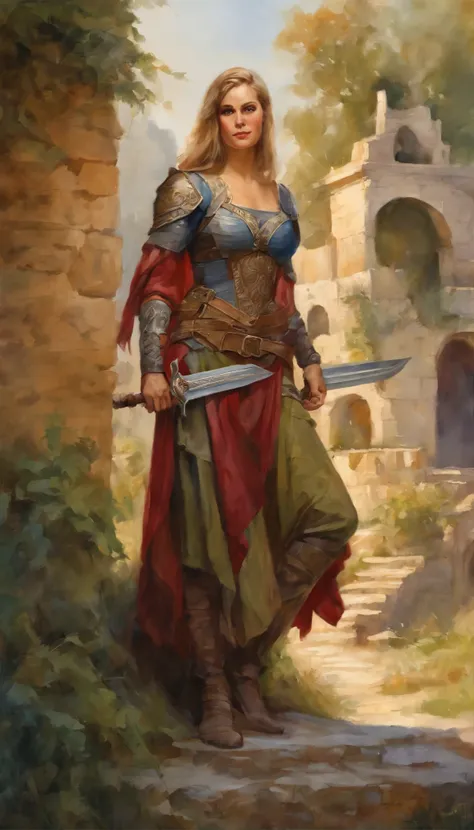 full body ,best quality, masterpiece, 1 girl, elf woman,  detailed face, medieval clothes ,armored, swordsman,dynamic pose , full body ,art by greg rutkowski,
 holding a sword, sword,scenery , village , roman architecture , vibrant colors ,vivid colors , 