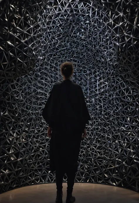 minimalist, closeup, interior, sacred geometric installation, , Neri Oxman, strange anomalies, abstract,  geometric architecture, , inflated biomimicry,, glowing, black museum interior, charcoal clothing blurry person walking, organic slime,  realistic fac...