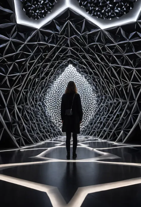 minimalist, closeup, interior, sacred geometric installation, , Neri Oxman, strange anomalies, abstract,  geometric architecture, , inflated biomimicry,, glowing, black museum interior, charcoal clothing blurry person walking, organic slime,  realistic fac...