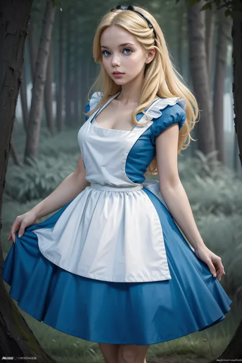 masterpiece, 1 woman, alone, make her a blonde sexy alice in wonderland., powder blue dress and white apron, white stockings, sp...