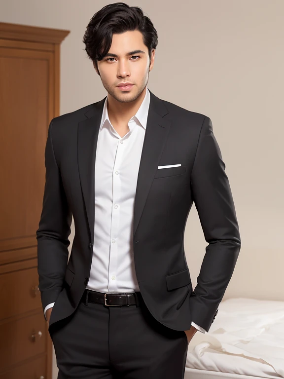 best quality, masterpiece, ultra high resolution, (lifelike:1.4), original photo, young handsome male, black hair, Looks like a businessman, wear a suit,