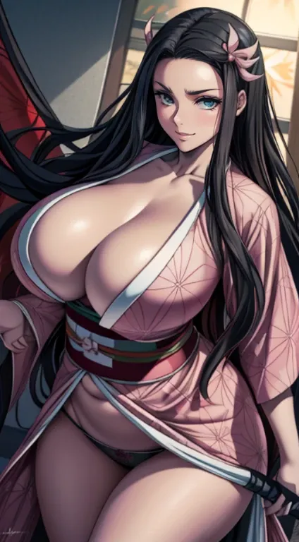 ultra realistic photo of Nezuko kamado goddess of beauty, 8k, UHD, hottie with ultra giant breasts, huge long breasts sticking out of her kimono, with long hair and a sexy pink Japanese kimono, she doesnt wear panties showing her , hair pubic bones showing...