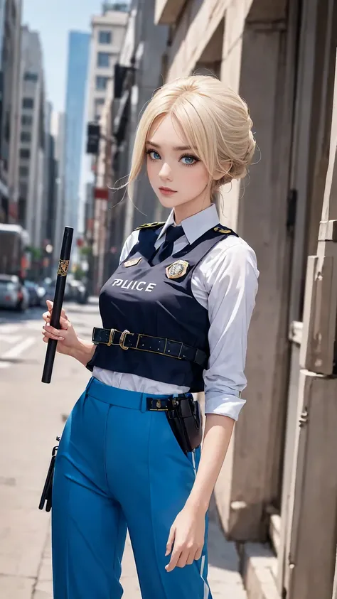 ((masterpiece)), ((highest quality)), ((High resolution)), 1 girl, alone, police officer, (matching pants, slacks), urban background, Have a baton、Wear a tactics vest、Are standing, put your hands on your hipedium hair, (platinum blonde, Side-swept chignon)...