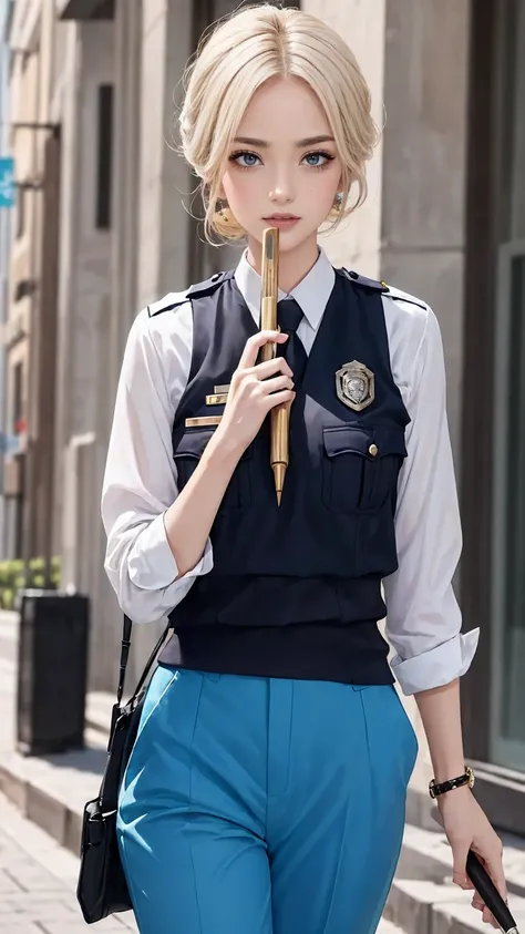 ((masterpiece)), ((highest quality)), ((High resolution)), 1 girl, alone, police officer, (matching pants, slacks), urban background, Have a baton、Wear a tactics vest、Are standing, put your hands on your hipedium hair, (platinum blonde, Side-swept chignon)...