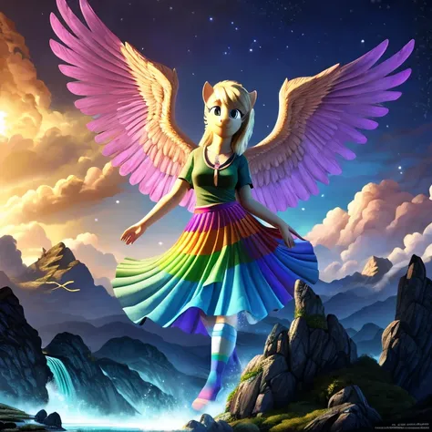 Derpy Hooves, Muffins, my little pony, human body, 2 hands, 2 legs, female, long fur, facing towards you, colorful socks, wearing a t-shirt and transparent skirt, spread wings, fluffy feathers, smiling, flying through A cascading waterfall that flows in al...