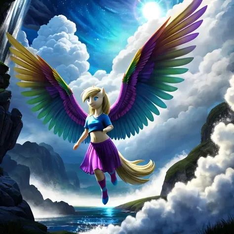 Derpy Hooves, Muffins, my little pony, human body, 2 hands, 2 legs, female, long fur, facing towards you, colorful socks, wearing a t-shirt and transparent skirt, spread wings, fluffy feathers, smiling, flying through A cascading waterfall that flows in al...