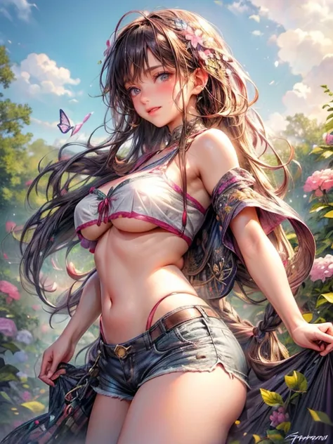 sideview, (best quality,highres,masterpiece:1.2),ultra-detailed,(realistic,photo-realistic:1.37),cute girl,braid, bare shoulder, baggy crop top, under boob, shorts that shows off belly,beautiful eyes,luscious lips,fashionable outfit,trendy hairstyle,dynami...